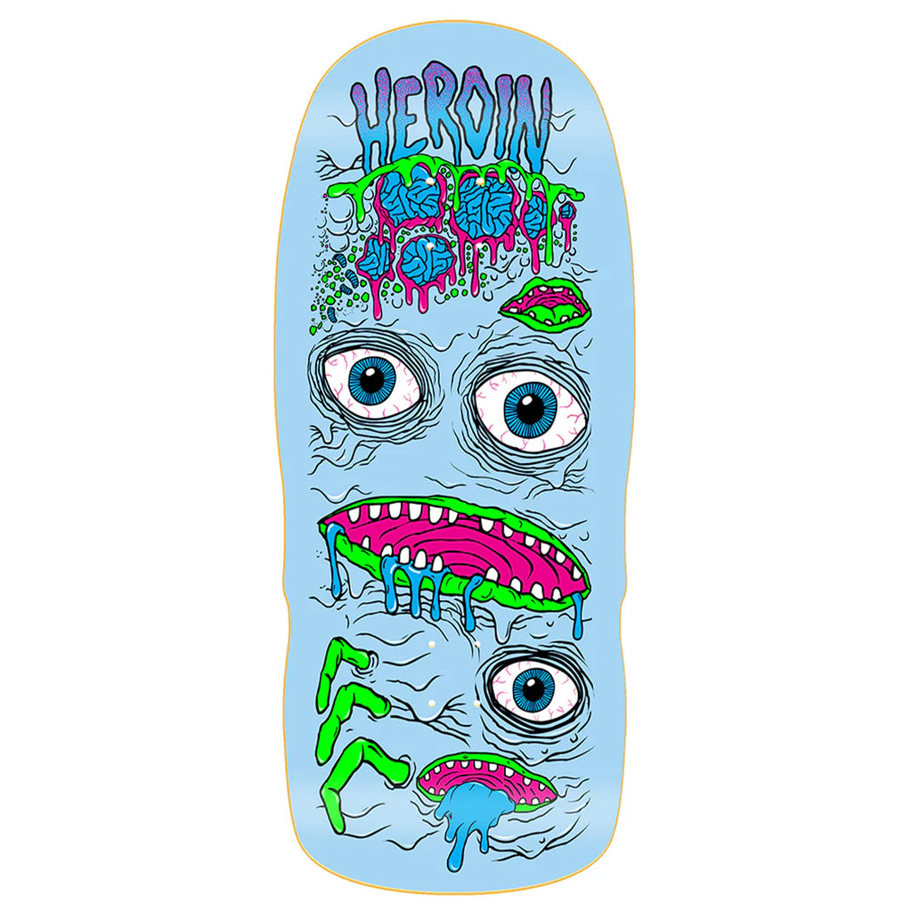 The HEROIN MUTATOR skateboard deck from HEROIN, brightly colored and crafted from North American Hard Rock Maple, features multiple cartoonish eyes and mouths in a surreal, dripping, melting design with the bold words "HEROIN CRAIG QUESTIONS" printed on top.