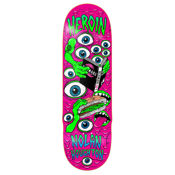 The HEROIN NOLAN HOUGHTON MUTATE OR DIE skateboard deck by HEROIN features bright pink 7-ply North American Hard Rock Maple, green monster hands, blue eyes, a sandwich graphic, and "HEROIN" and "NOLAN HOUGHTON" text.