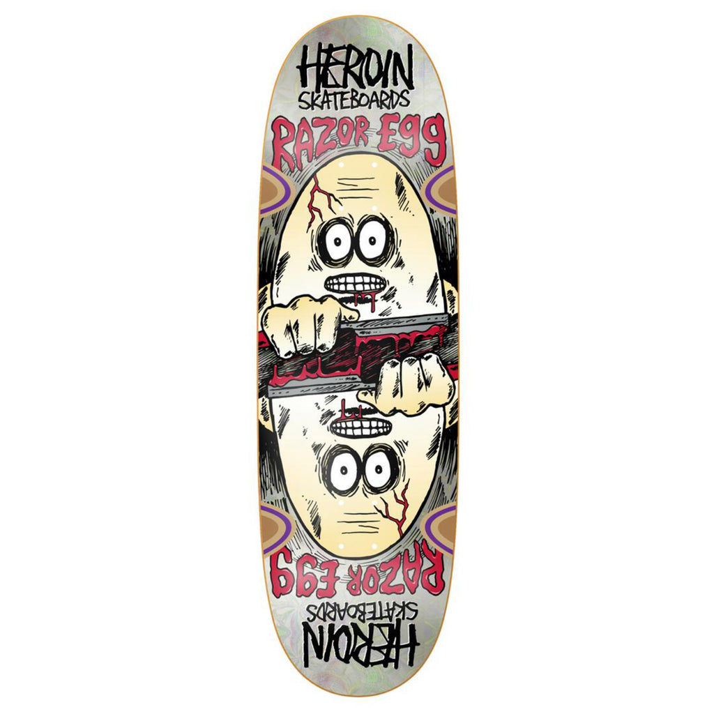 double edged, scary egg graphic skateboard