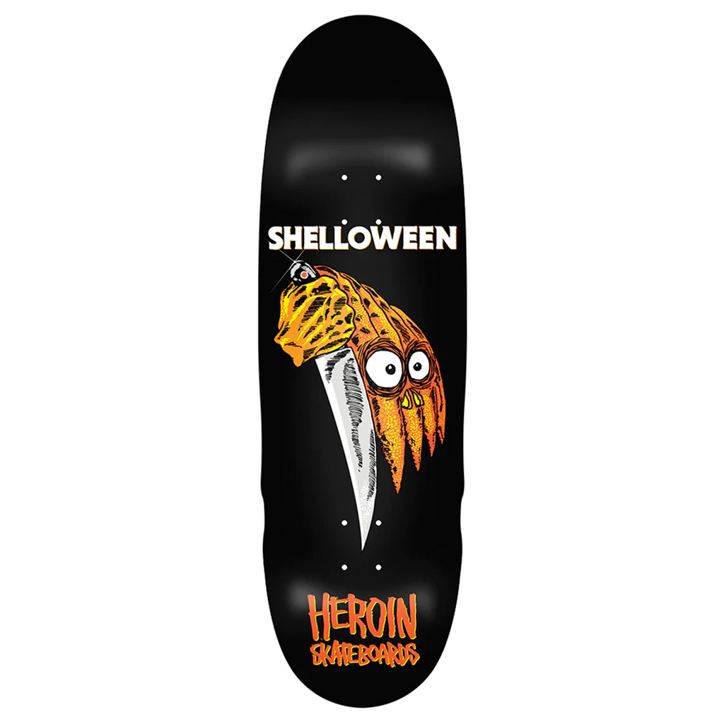 A black dipped skateboard with a pumpin face holding a knife.