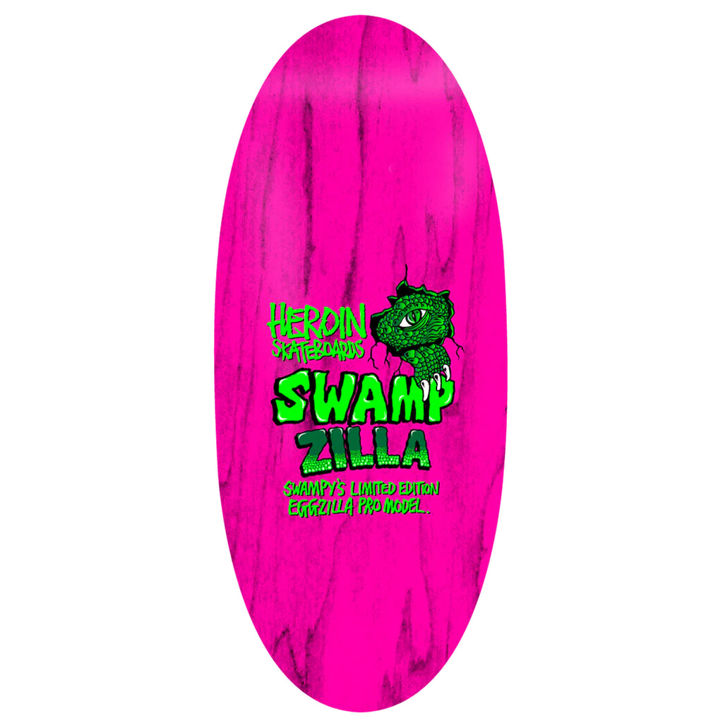 Featuring a vibrant pink background, the HEROIN SWAMPY PRO EGG SWAMP ZILLA skateboard deck showcases the bold text "Heroin Skateboards Swamp Zilla" accompanied by an illustration of a green creature. Beneath the image, you'll find "Swampy's Limited Edition Eggzilla Pro Model." Made from premium North American Hard Rock Maple, this deck is designed with a razor-edge finish for enhanced precision performance.