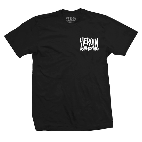 A HEROIN Wide Boy Tee Black made of 100% cotton with a white logo.