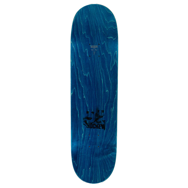 The top of a blue stained skateboard with a small black image.