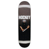 This skateboard deck showcases a premium digital print of the HOCKEY brand logo, featuring an artistic image of a person in black attire and helmet at the center, echoing the sleek design style of the HOCKEY DIEGO TODD BACK CRACK collection.
