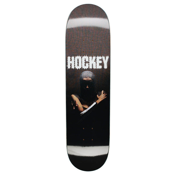 This skateboard deck showcases a premium digital print of the HOCKEY brand logo, featuring an artistic image of a person in black attire and helmet at the center, echoing the sleek design style of the HOCKEY DIEGO TODD BACK CRACK collection.