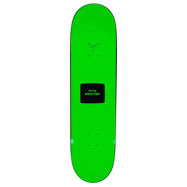 A HOCKEY neon green skateboard with screen printed art.