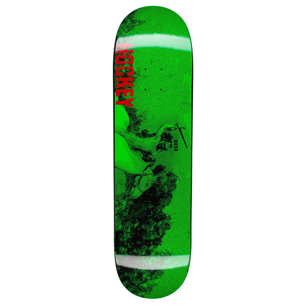 A HOCKEY neon green skateboard with a red logo screen printed on it.