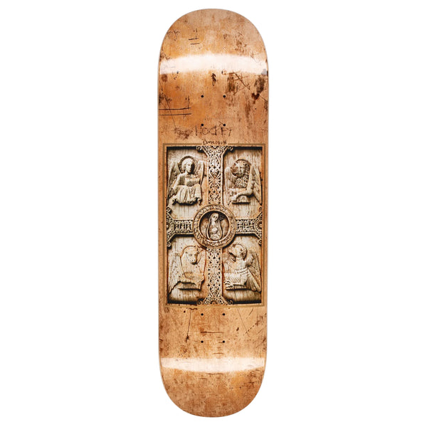A HOCKEY DONOVON DIVINE CHILD skateboard deck with intricate carvings and a woodgrain finish.