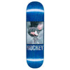 A blue HOCKEY KADOW CARL skateboard with the word HOCKEY on it.