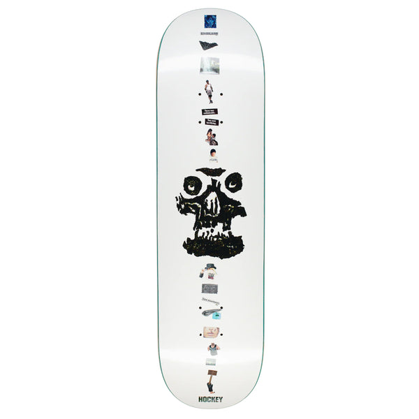 A HOCKEY skateboard deck with a skull on it.