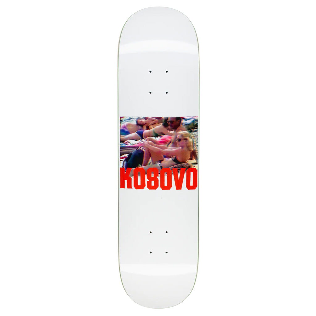 A HOCKEY KOSOVO WHITE skateboard with a picture of a woman on it.