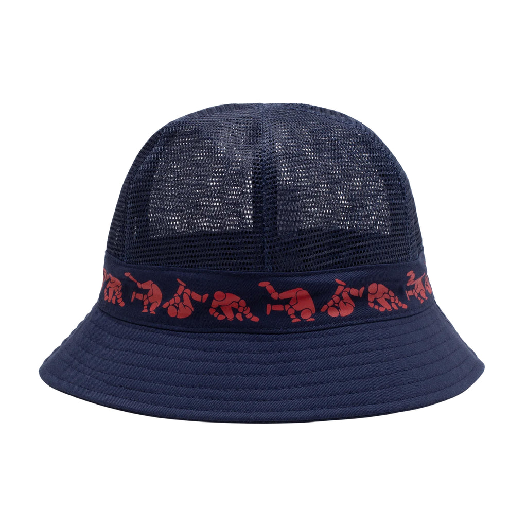 A HOCKEY FALL GUY MESH BUCKET HAT NAVY featuring a red pattern of dancing figures around the base.