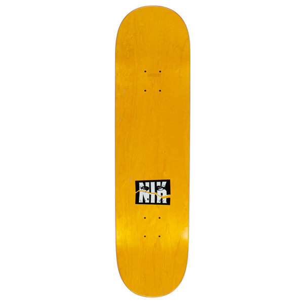 A yellow skateboard with a black logo featuring HOCKEY NIK BETHLEHEM.