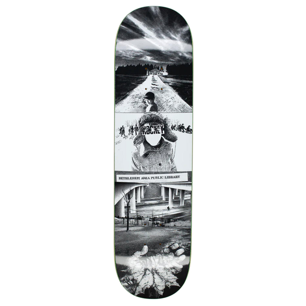 A HOCKEY skateboard featuring black and white pictures of an undead warrior.