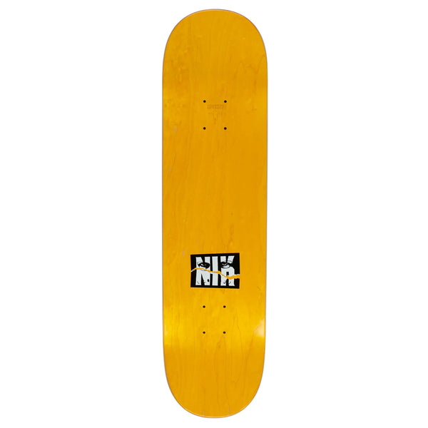 A yellow HOCKEY NIKITA NIK STAIN skateboard with a black logo on it.
