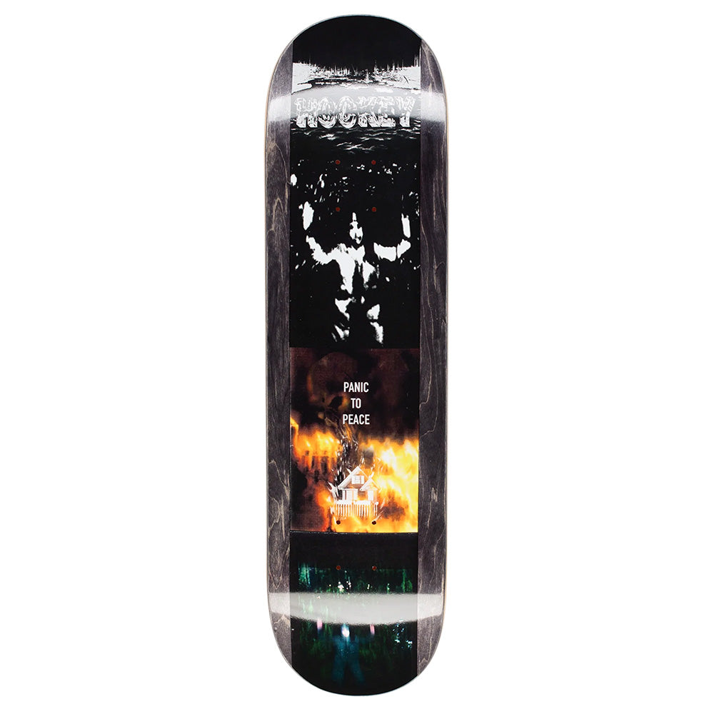 The HOCKEY PANIC TO PEACE skateboard deck by HOCKEY features a monochrome face design with the words "Panic to Peace" amid a fiery house scene. Made with premium digital print technology, it delivers vivid details and durability for skating adventures.