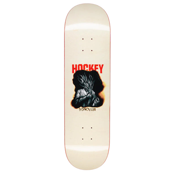 A HOCKEY PISCOPO FLAMMABLE skateboard featuring the word hockey prominently displayed.