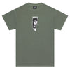 A faded dark green shirt with a picture of a knife and a womens reflection in it. 