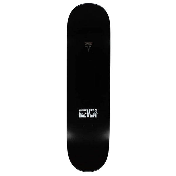 A black HOCKEY skateboard with a white logo on it.
