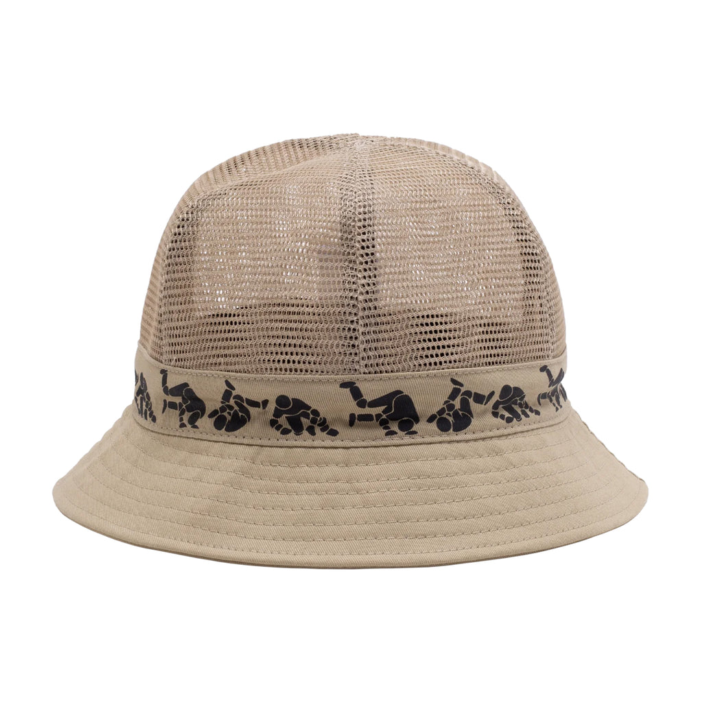 A HOCKEY FALL GUY MESH BUCKET HAT TAN from HOCKEY, featuring a series of dark blue abstract figures around the base of the crown, brings a touch of snapback style to your outfit.