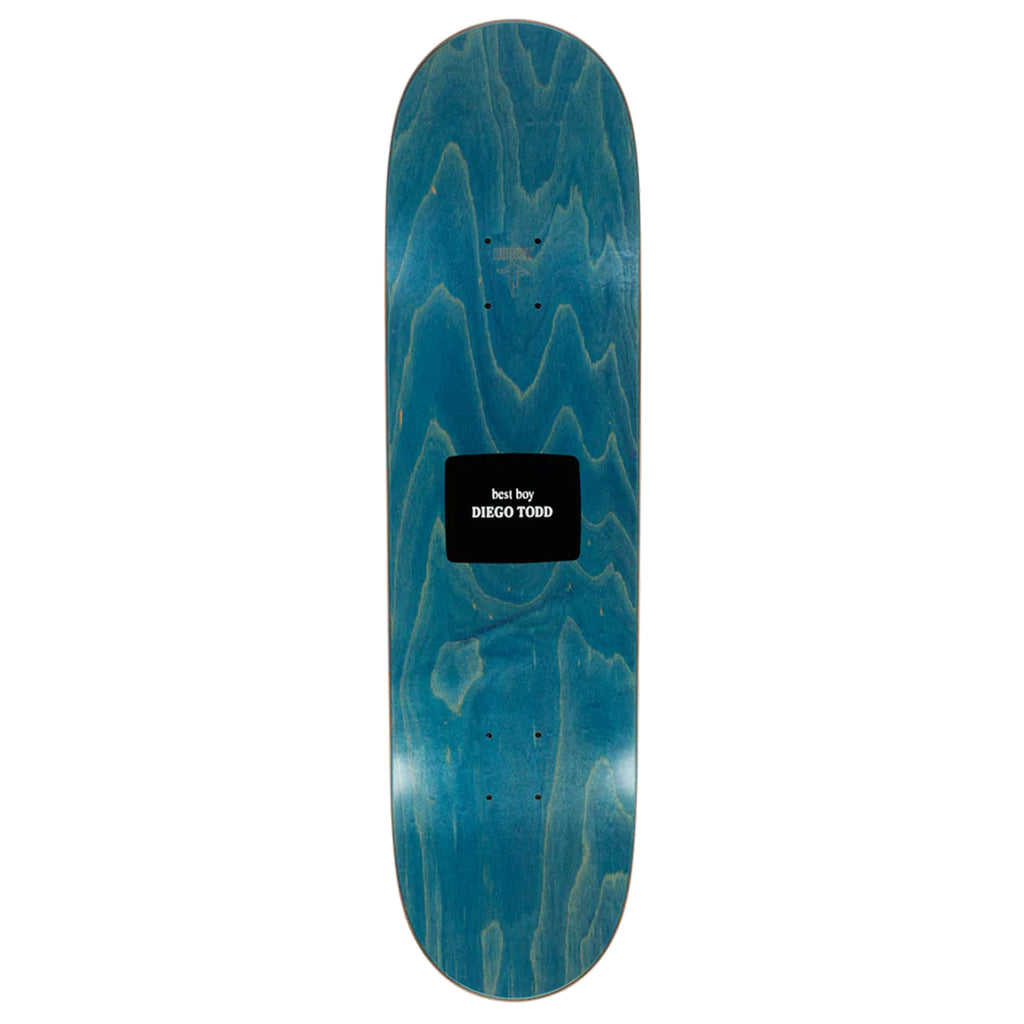 A blue HOCKEY TODD S2 UNDEAD WARRIOR skateboard with a black label on it, perfect for hockey enthusiasts who love the undead warrior aesthetic.