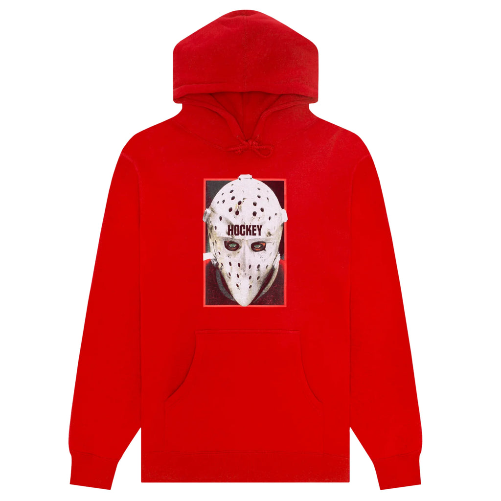 A HOCKEY red hockey hoodie featuring an image of a hockey mask.