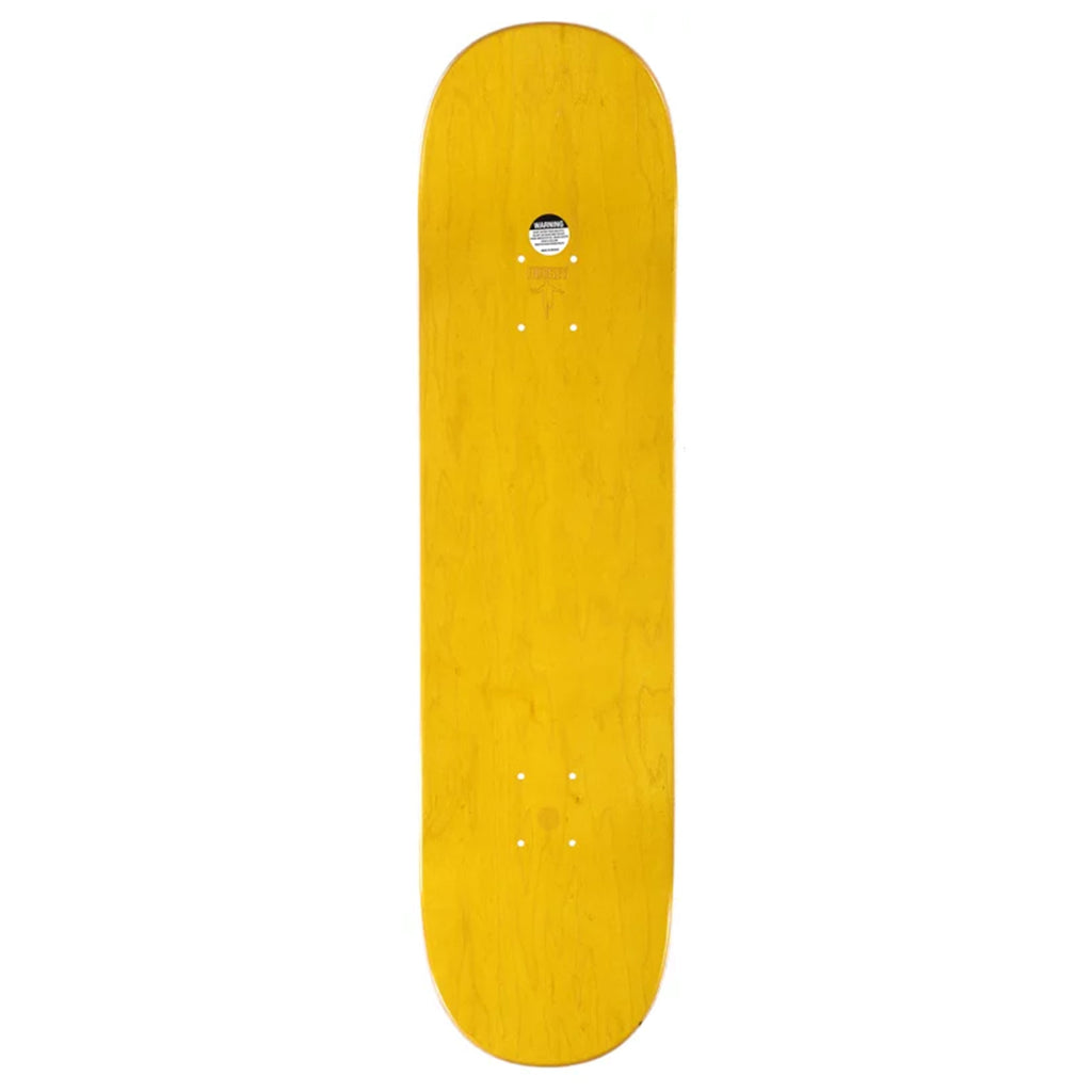 A yellow HOCKEY WAR ON ICE STAINED skateboard.