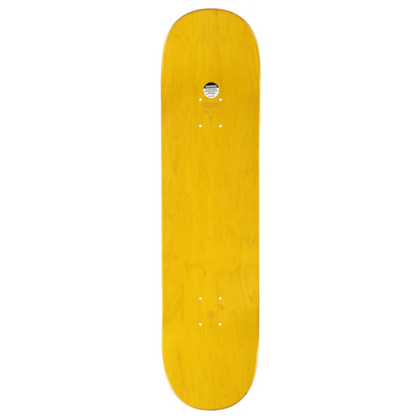 A yellow HOCKEY WAR ON ICE STAINED skateboard.
