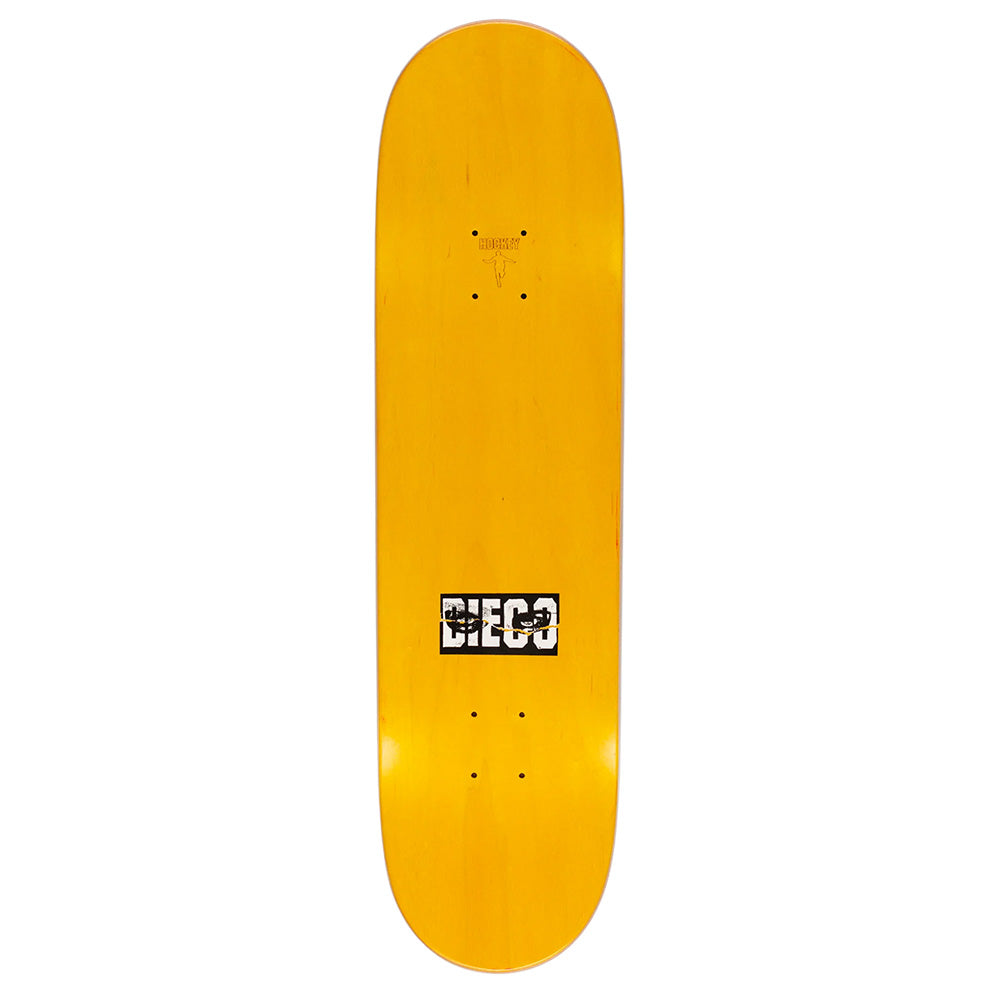 Yellow skateboard deck by HOCKEY with a premium digital wood texture print and "DIEGO" in black and white near one end, named HOCKEY DIEGO TODD BACK CRACK.