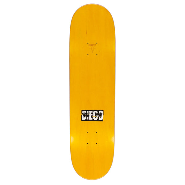 Yellow skateboard deck by HOCKEY with a premium digital wood texture print and "DIEGO" in black and white near one end, named HOCKEY DIEGO TODD BACK CRACK.