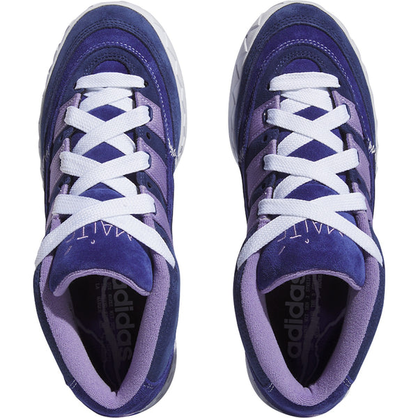 A pair of ADIDAS ADIMATIC MID X MAITE VICTORY BLUE / MAGIC LILAC shoes with laces.