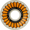 A white BONES X-FORMULA V5 SIDECUT 54MM 95A orange skateboard wheel with an orange and black geometric design, ideal for all-terrain skating and riders seeking the durability of BONES wheels.