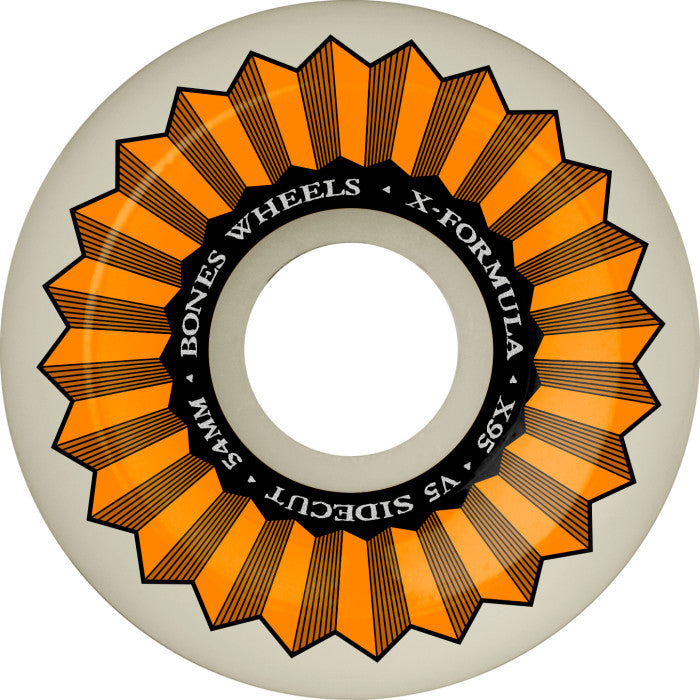 A white BONES X-FORMULA V5 SIDECUT 54MM 95A orange skateboard wheel with an orange and black geometric design, ideal for all-terrain skating and riders seeking the durability of BONES wheels.
