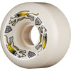 The POWELL PERALTA NANO RAT DF 56x36MM 88A skateboard wheel features white urethane with Dragon Formula, decorated with three yellow and gray winged Nano Rat creatures and three geometric symbols.