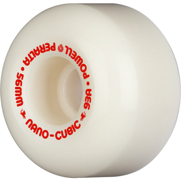 A white POWELL PERALTA DF Nano-Cubics 56x37mm 93A skateboard wheel featuring red "Powell Peralta Nano-Cubic 93A" text printed around the hub.