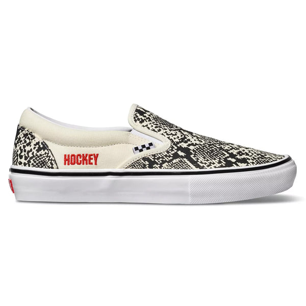Vans slip-on shoes with a paisley pattern have been replaced by the VANS X HOCKEY SKATE SLIP ON WHITE / BLACK SNAKE SKIN shoes from the brand VANS.