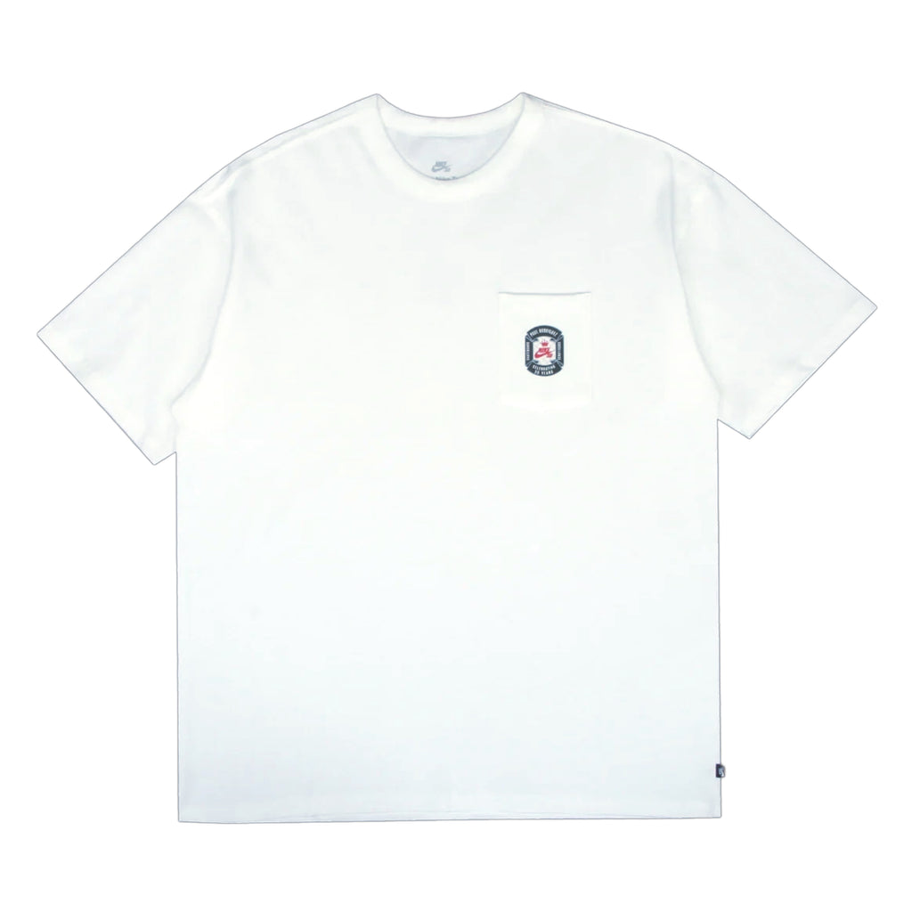 The NIKE SB PAUL RODRIGUEZ MAX90 SKATE TEE WHITE by nike is a soft midweight cotton skate t-shirt featuring a small colorful patch on the left chest pocket, shown on a flat white background.
