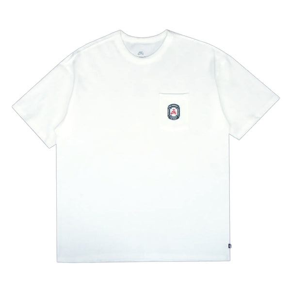 The NIKE SB PAUL RODRIGUEZ MAX90 SKATE TEE WHITE by nike is a soft midweight cotton skate t-shirt featuring a small colorful patch on the left chest pocket, shown on a flat white background.