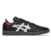 The ASICS LEGGEREZZA FB BLACK / WHITE sneaker is shown in side profile, featuring black leather with white stripes, red accents, a dark sole, and durable paneling for longevity against a white background.