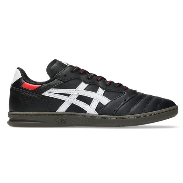The ASICS LEGGEREZZA FB BLACK / WHITE sneaker is shown in side profile, featuring black leather with white stripes, red accents, a dark sole, and durable paneling for longevity against a white background.