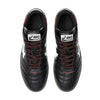 Top view of ASICS LEGGEREZZA FB BLACK / WHITE soccer cleats, featuring black leather with white logos and red lace accents, shown side by side on a white background.