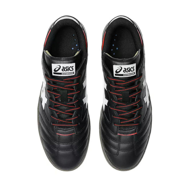 Top view of ASICS LEGGEREZZA FB BLACK / WHITE soccer cleats, featuring black leather with white logos and red lace accents, shown side by side on a white background.