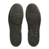 A pair of ASICS LEGGEREZZA FB BLACK / WHITE skate shoe soles with textured rubber tread—concentric circles and diagonal lines—viewed from the bottom, designed by ASICS for enhanced cushioning and performance.