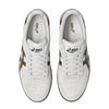 A pair of ASICS JAPAN PRO sneakers in Cloud Grey and Brown Storm, viewed from above, highlights the white laces, perforated toe area, and visible ASICS logos on the tongues and insoles.