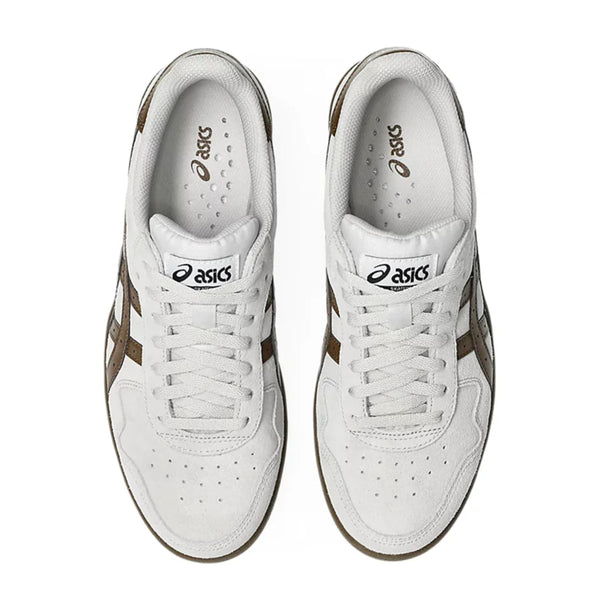 A pair of ASICS JAPAN PRO sneakers in Cloud Grey and Brown Storm, viewed from above, highlights the white laces, perforated toe area, and visible ASICS logos on the tongues and insoles.
