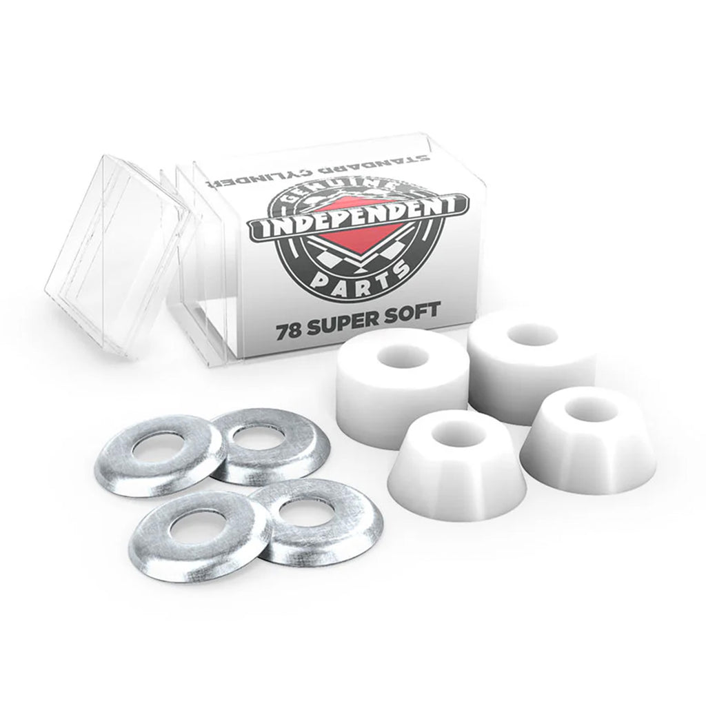 Here is an image of the INDEPENDENT BUSHINGS 78A SUPER SOFT CYLINDER skateboard bushings by INDEPENDENT. The set includes four white ultra high rebound urethane bushings and four silver washers, all packaged in a clear plastic box with a label.