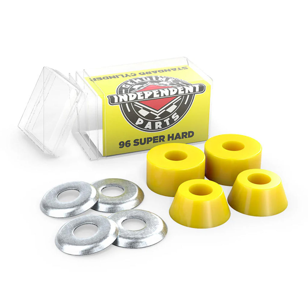 A set of yellow Ultra High Rebound skateboard bushings and silver washers beside a branded box labeled "INDEPENDENT BUSHINGS 96A SUPER HARD CYLINDER.