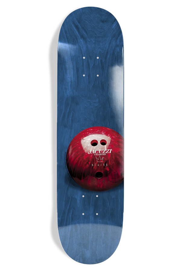 A JACUZZI UNLIMITED FOURTH STREET BOWL skateboard crafted from North American Maple with a blue wood grain design and a glossy red bowling ball graphic positioned at the lower end.