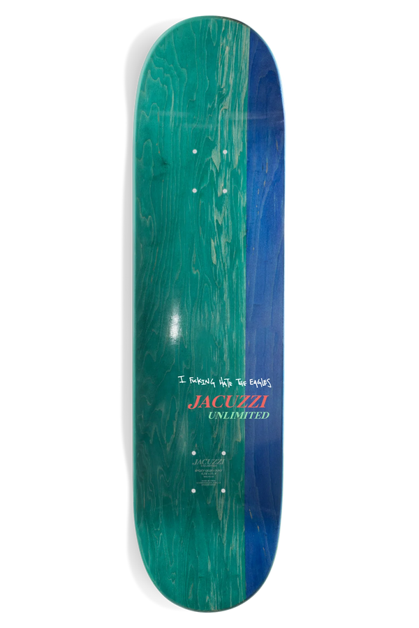 A JACUZZI UNLIMITED FOURTH STREET BOWL skateboard with a glossy, turquoise, and blue finish and the inscription "jacuzzi unlimited" near the center.