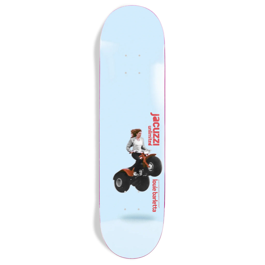 A JACUZZI UNLIMITED skateboard made of maple wood featuring an image of a person riding an ATV.